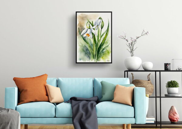 watercolour botanical print flowers leucojum aestivum gravetye giant living room 1