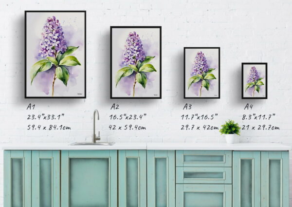 watercolour botanical print flowers lilac minimalist print size comparison 1