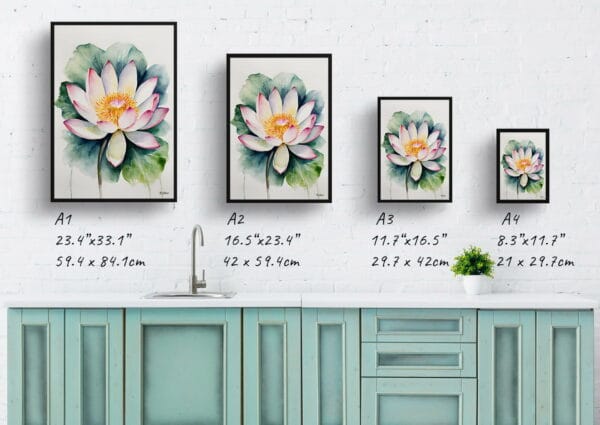 watercolour botanical print flowers lotus flower minimalist print size comparison 1