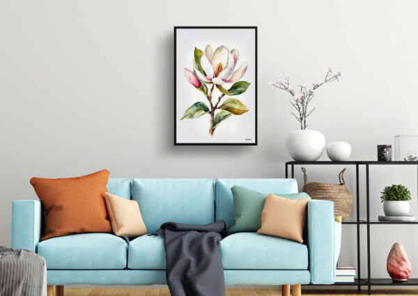 watercolour botanical print flowers magnolia minimalist living room 1