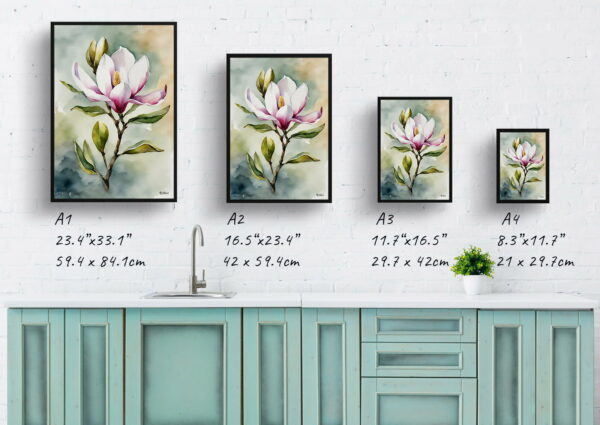 watercolour botanical print flowers magnolia print size comparison 1