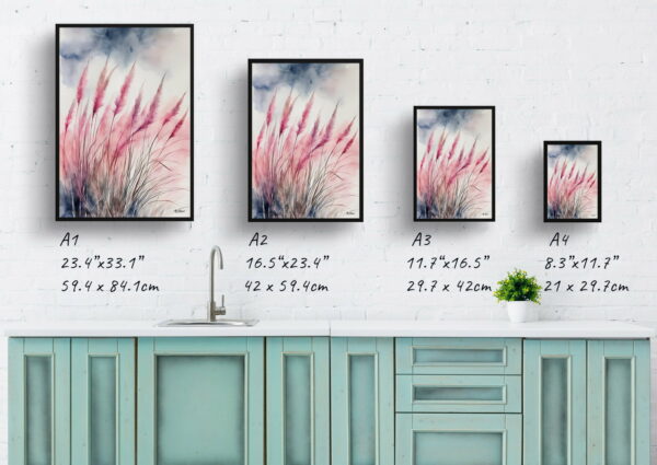 watercolour botanical print flowers muhlenbergia capillaris hairawn muhly print size comparison 1