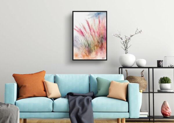 watercolour botanical print flowers muhlenbergia capillaris hairawn muhly wash living room 1