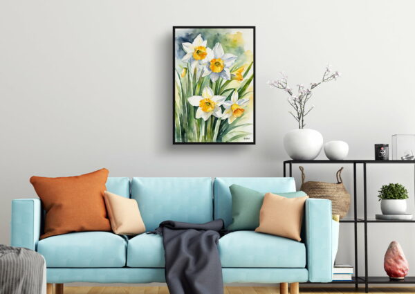 watercolour botanical print flowers narcissus hawera living room 1