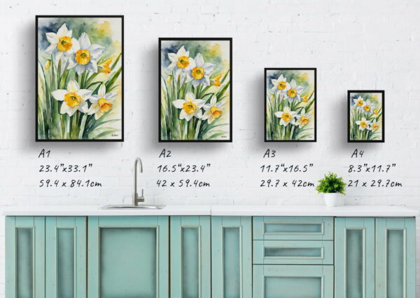 watercolour botanical print flowers narcissus hawera print size comparison