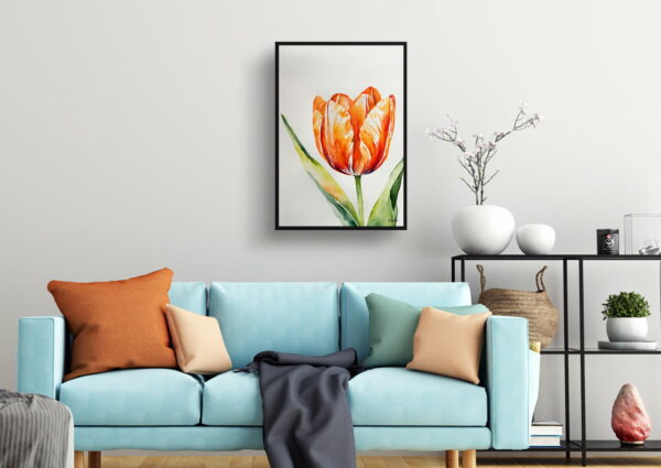 watercolour botanical print flowers orange tulip living room 1