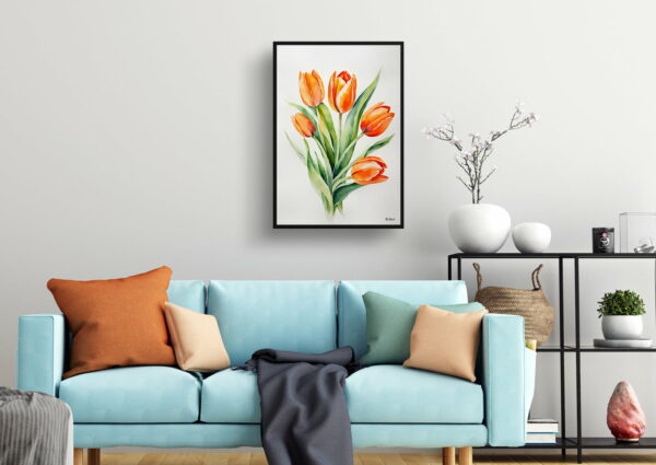 watercolour botanical print flowers orange tulip minimalist living room 1