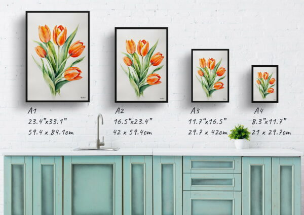 watercolour botanical print flowers orange tulip minimalist print size comparison 1