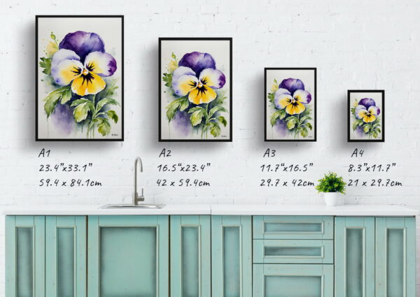 watercolour botanical print flowers pansy print size comparison 1