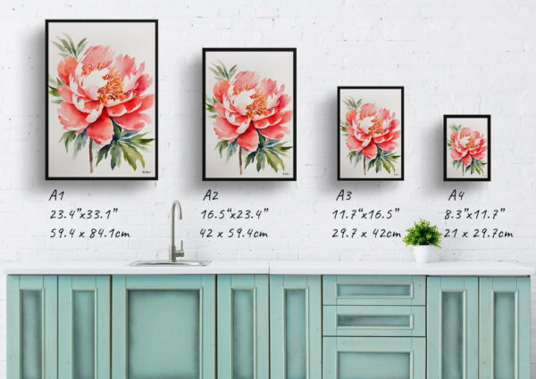 watercolour botanical print flowers peony minimalist print size comparison 1