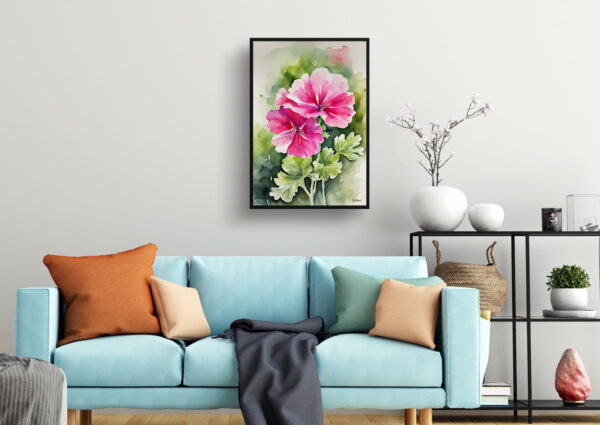 watercolour botanical print flowers pink geranium living room 1