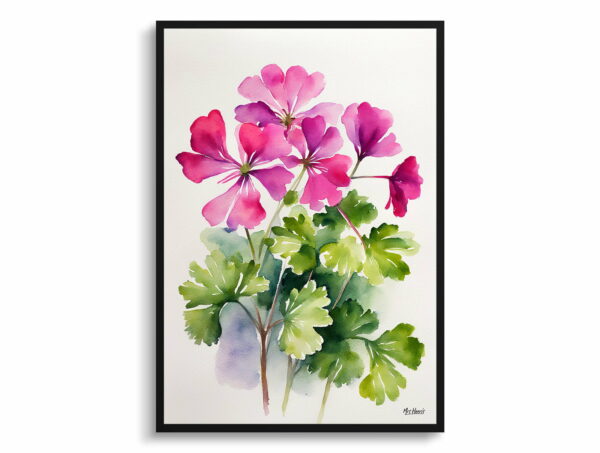 watercolour botanical print flowers pink geranium minimalist front view 1