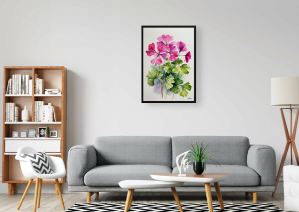 watercolour botanical print flowers pink geranium minimalist office 1