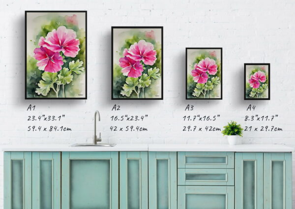 watercolour botanical print flowers pink geranium print size comparison