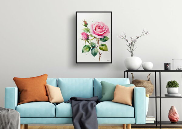 watercolour botanical print flowers pink rose minimalist living room 1