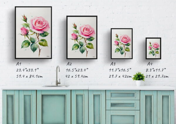 watercolour botanical print flowers pink rose minimalist print size comparison 1