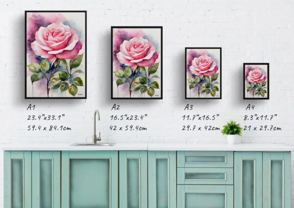 watercolour botanical print flowers pink rose print size comparison 1