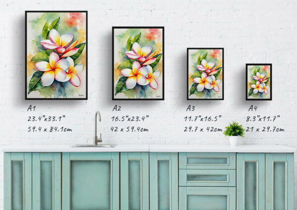 watercolour botanical print flowers plumeria print size comparison 1