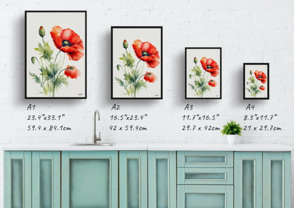 watercolour botanical print flowers poppy minimalist print size comparison 1