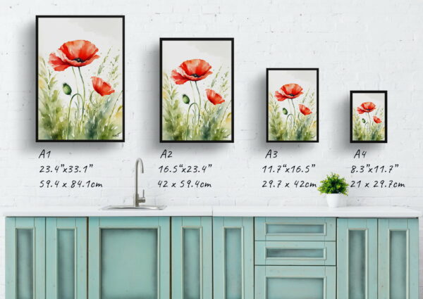 watercolour botanical print flowers poppy print size comparison 1