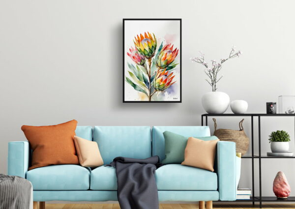 watercolour botanical print flowers proteas living room 1