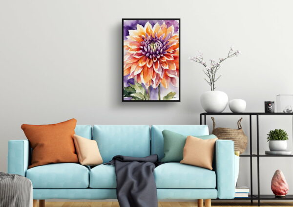 watercolour botanical print flowers purple and orange dahlia living room 1