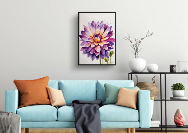 watercolour botanical print flowers purple and orange dahlia minimalist living room 1