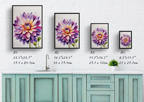 watercolour botanical print flowers purple and orange dahlia minimalist print size comparison 1