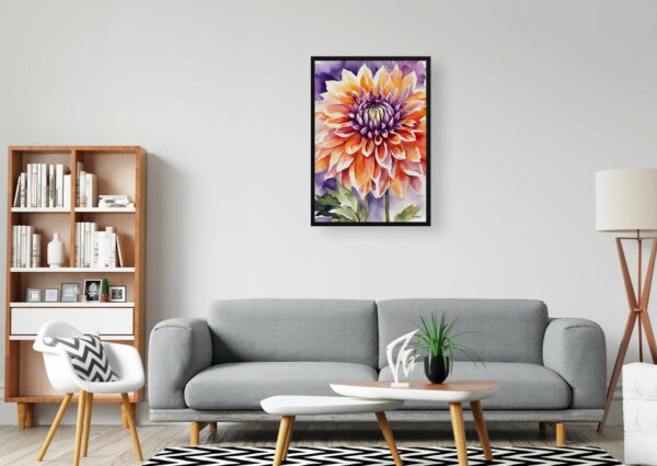 watercolour botanical print flowers purple and orange dahlia office 1