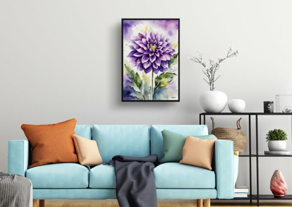 watercolour botanical print flowers purple dahlia living room 1