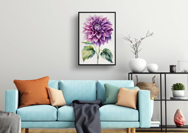 watercolour botanical print flowers purple dahlia minimalist living room 1