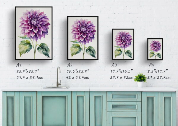 watercolour botanical print flowers purple dahlia minimalist print size comparison 1