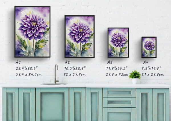 watercolour botanical print flowers purple dahlia print size comparison 1