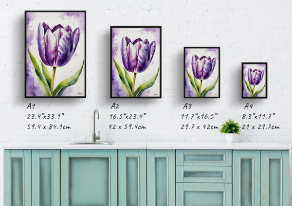 watercolour botanical print flowers purple tulip print size comparison 1