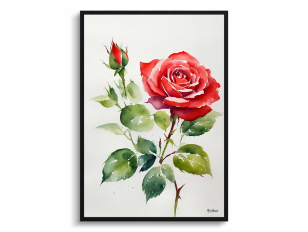 watercolour botanical print flowers red rose minimalist front view 1