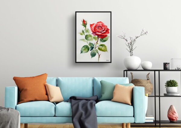 watercolour botanical print flowers red rose minimalist living room 1