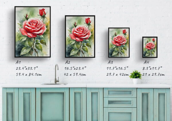 watercolour botanical print flowers red rose print size comparison 1