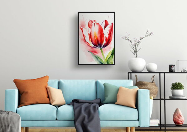 watercolour botanical print flowers red tulip living room 1