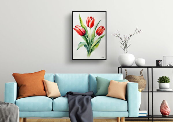 watercolour botanical print flowers red tulip minimalist living room 1