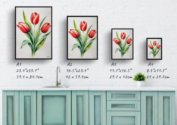 watercolour botanical print flowers red tulip minimalist print size comparison 1