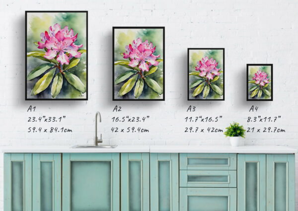 watercolour botanical print flowers rhododendron print size comparison 1