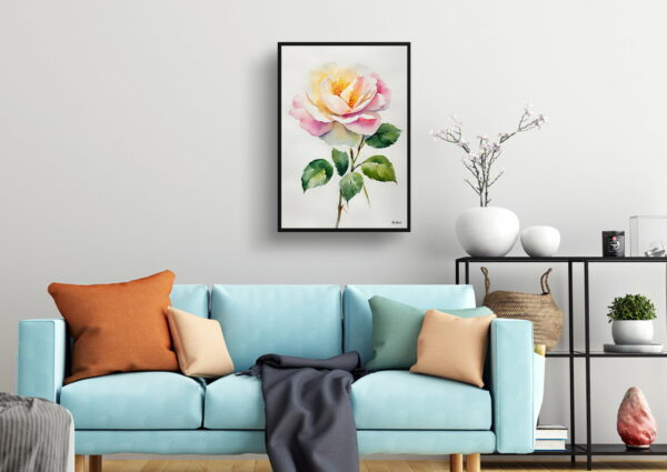 watercolour botanical print flowers rosa madame alfred carriere minimalist living room 1