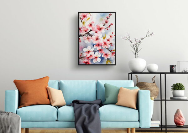 watercolour botanical print flowers sakura cherry blossom living room 1