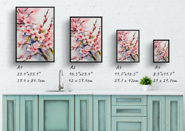 watercolour botanical print flowers sakura cherry blossom minimalist print size comparison 1