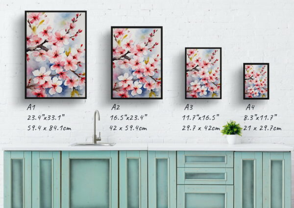 watercolour botanical print flowers sakura cherry blossom print size comparison 1