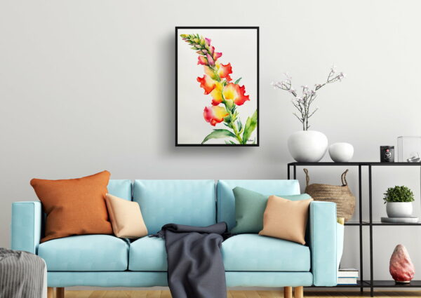 watercolour botanical print flowers snapdragon minimalist living room 1