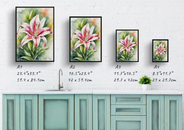 watercolour botanical print flowers stargazer lily print size comparison 1