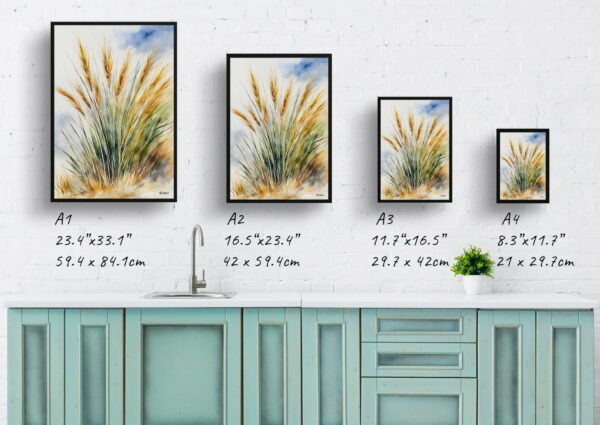 watercolour botanical print flowers stipa ichu peruvian feather grass print size comparison 1