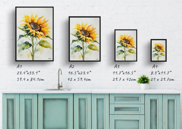 watercolour botanical print flowers sunflower minimalist print size comparison 1