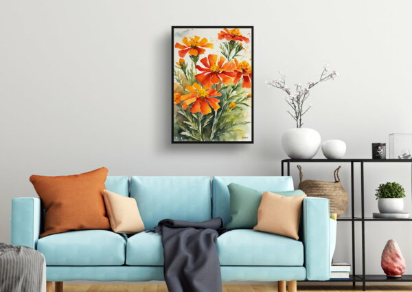 watercolour botanical print flowers tagetes cinnabar living room 1